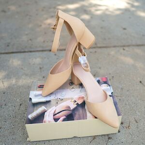 New Womens Beige Pointed Toe Block Heel Pumps Ankle Strap Cut Out Shoes Size 10
